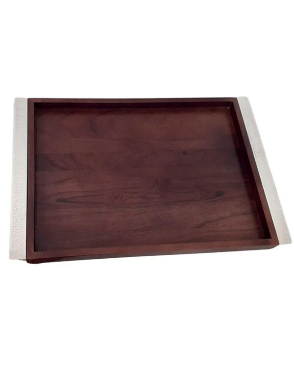 Plateau Rectangulaire en Bois avec Poignées en Métal Argent