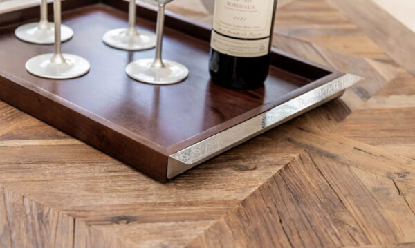 Plateau Rectangulaire en Bois avec Poignées en Métal Argent